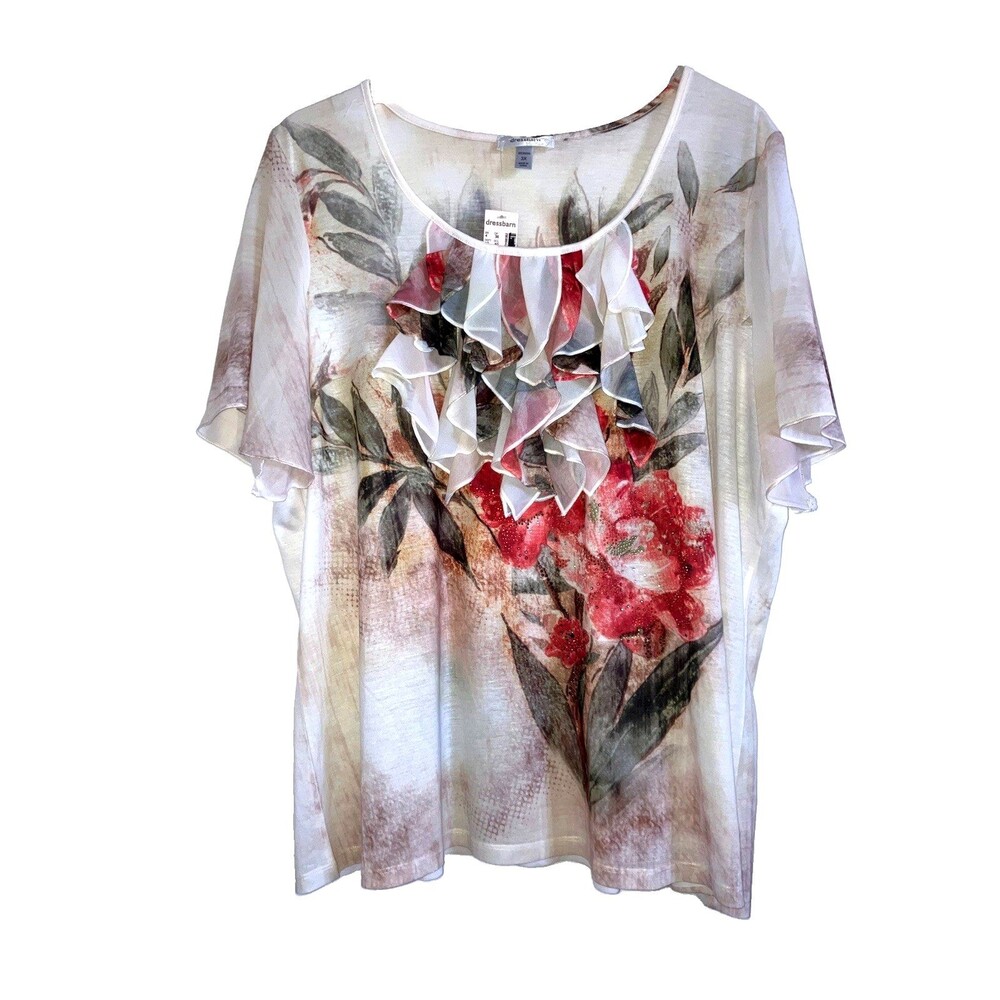 DRESS BARN sz 3X Flowy Short Sleeve Rhinestone Top Chiffon Ruffle Floral